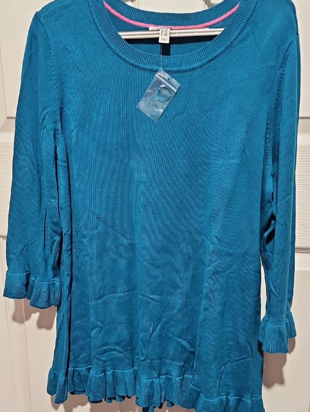 Isaac Mizrahi Teal Ruffle-Hem Crew Neck Sweater